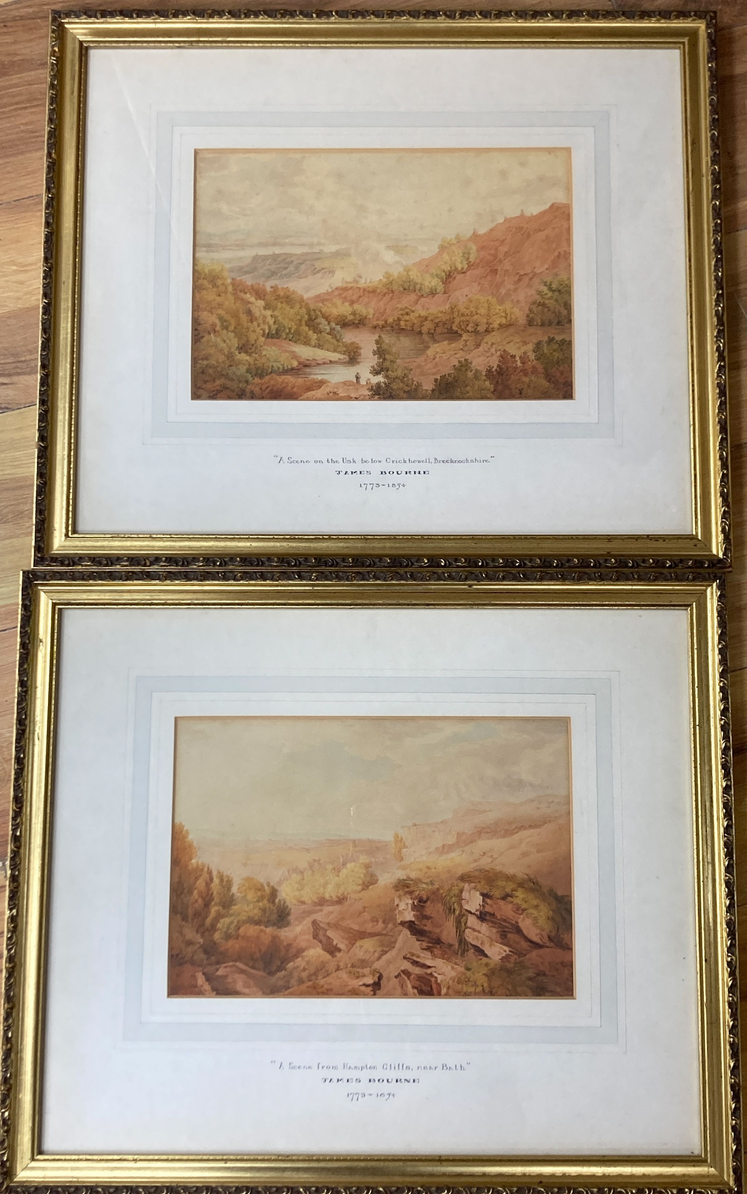 Attributed to James Bourne (1773-1854) pair of watercolours, Hampton Cliffs near Bath and on the Usk below Crickhowell, 19 x 28cm.